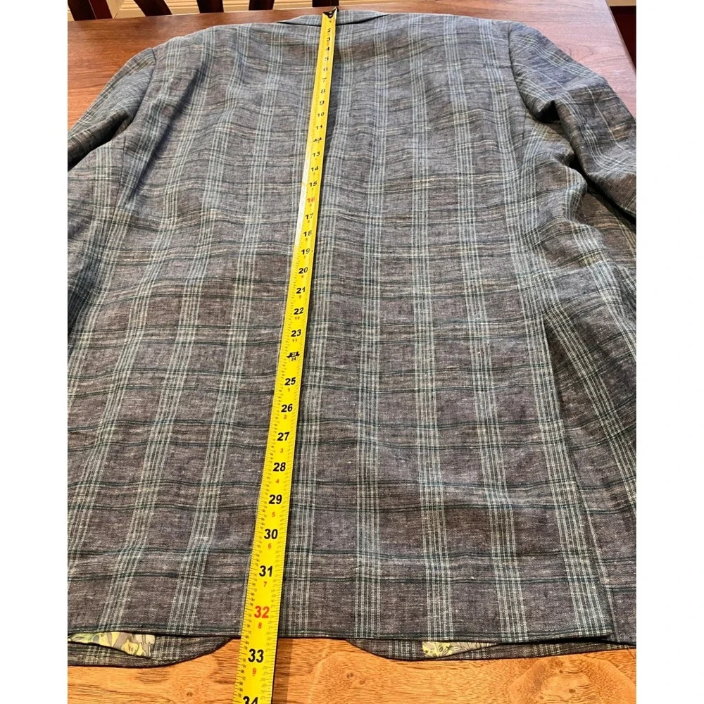 Alan Flusser Mens 44R Blue Plaid Linen Blend Sport Coat Blazer Tropical Preppy